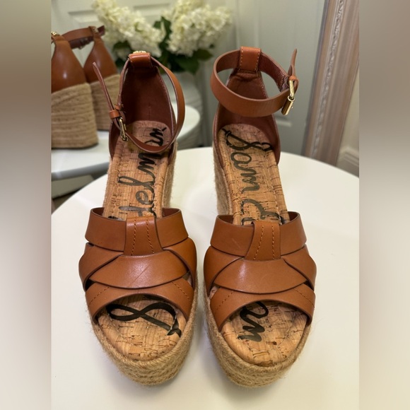 Sam Edelman Marietta Tan Brown Leather Wedge Heeled Espadrilles Sandals Size 7.5 - Picture 4 of 8